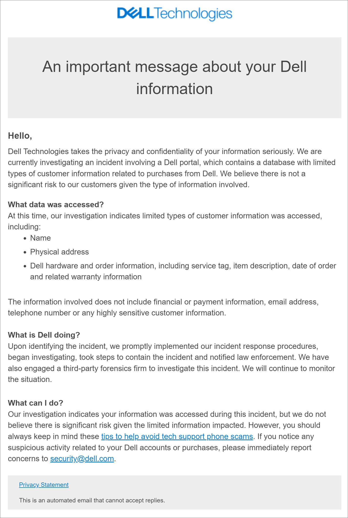 Dell data breach notification