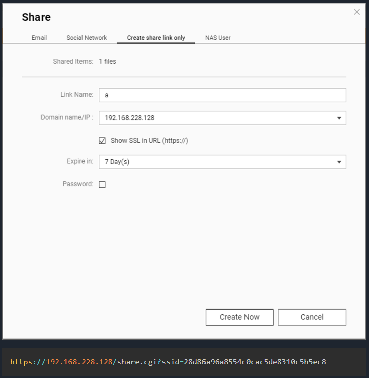 Share file dialog (top) and ssid in URL (bottom)