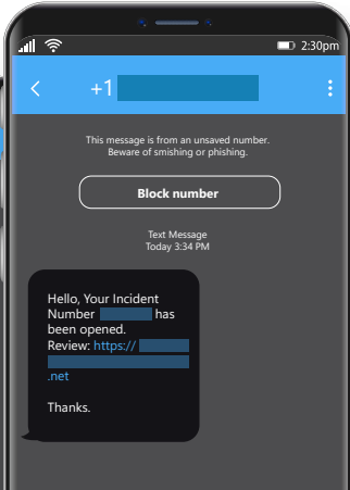 SMS phishing sent to targets