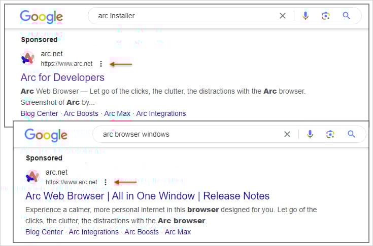 Malicious Arc ads on Google Search
