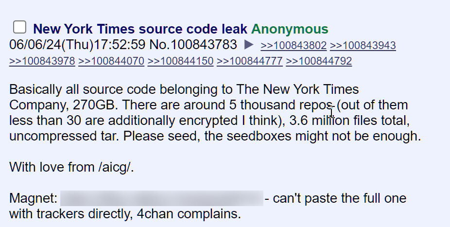 Leak of New York Times source code on 4chan