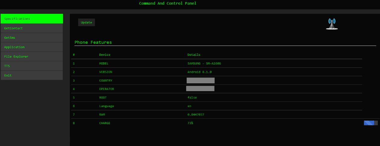 Overview of infected device on the Ratel RAT panel