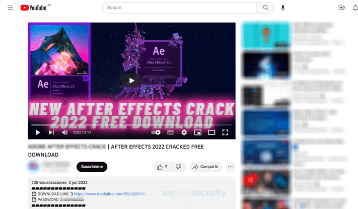 Figure 2. YouTube video offering a cracked version of Adobe After Effects and downloading RedLine Figure 2. YouTube channel spreading malware