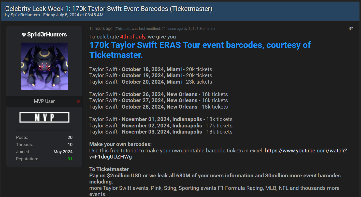 Taylor Swift ticket data leaked on a hacking forum