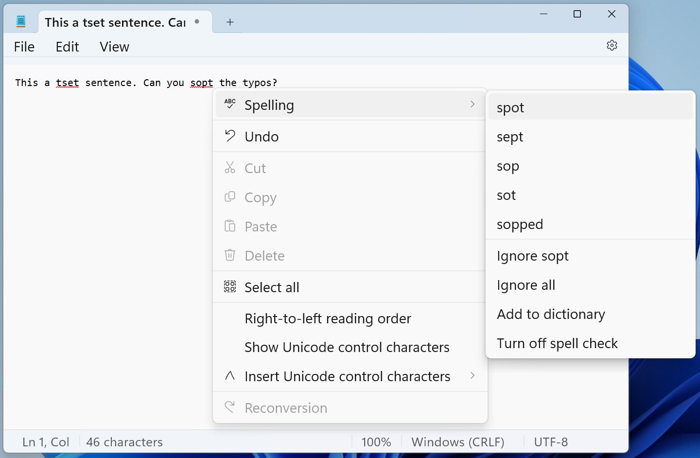 Windows 11 Notepad spell check
