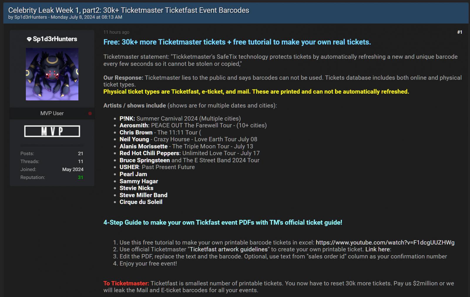 Post leaking Ticketmaster ticket data on hacking forum
