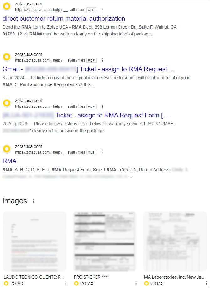 Google results for Zotac RMA