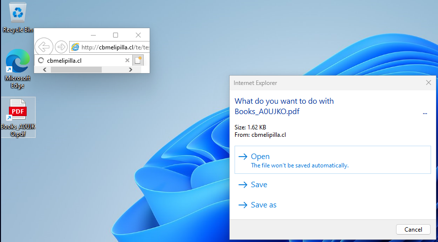 Internet Explorer downloading an HTA file spoofed as a PDF