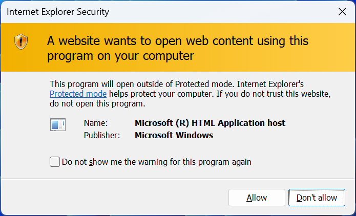 Warning from Windows when Internet Explorer launches HTA file