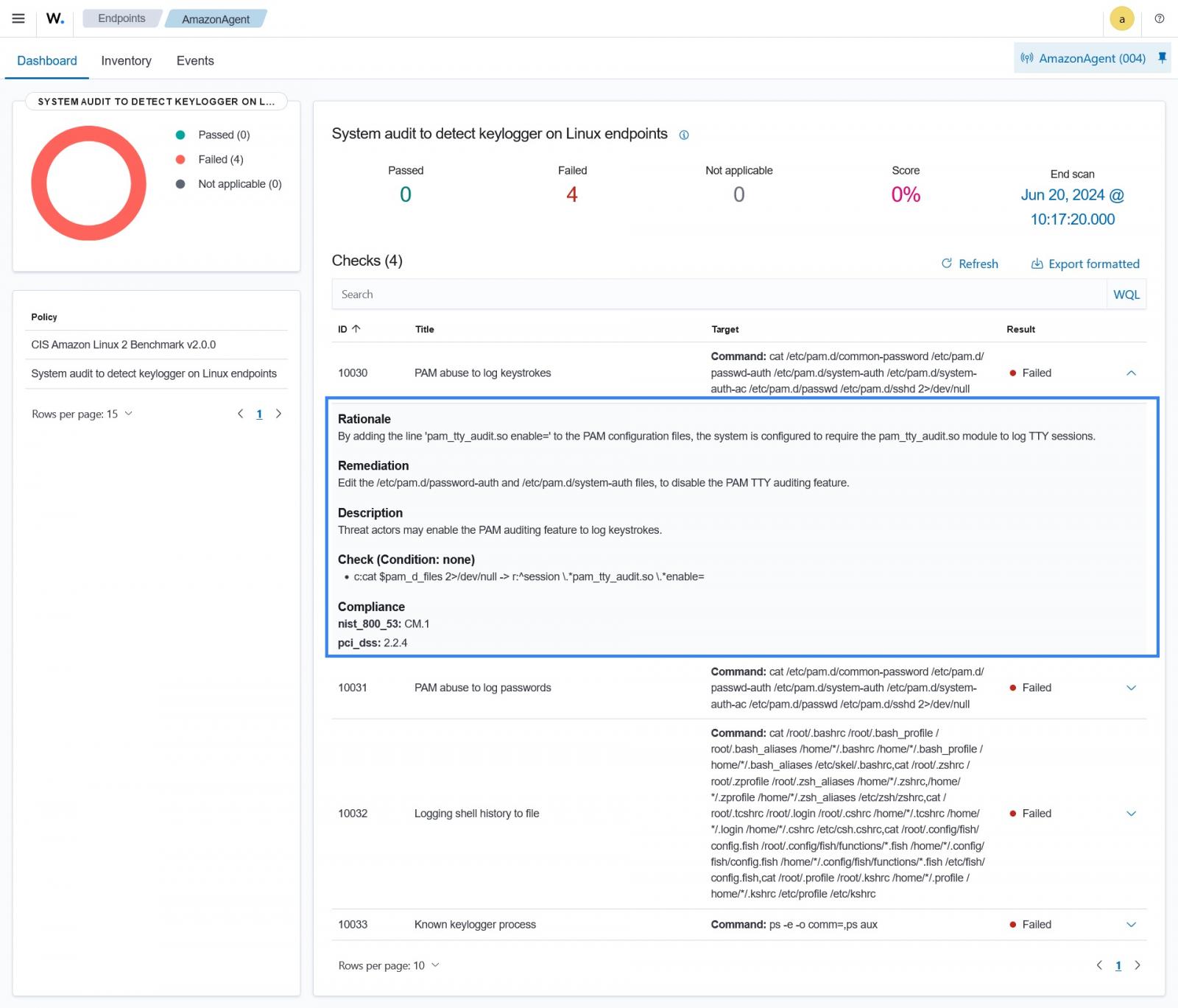 Wazuh audits Linux agents to detect keylogging activities.