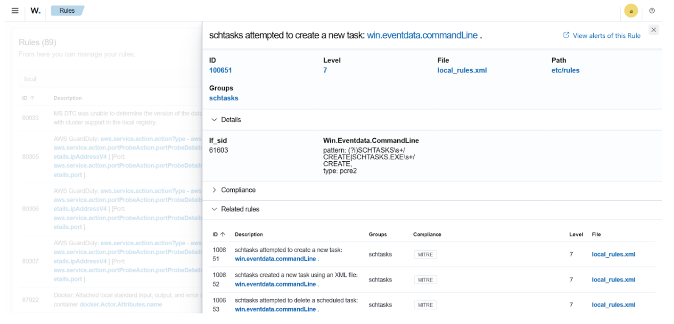 Wazuh uses custom rules to trigger alerts when the schtasks utility performs suspicious activities.