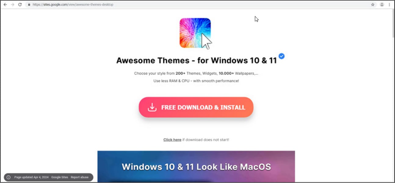 Download site for fake Windows themes
