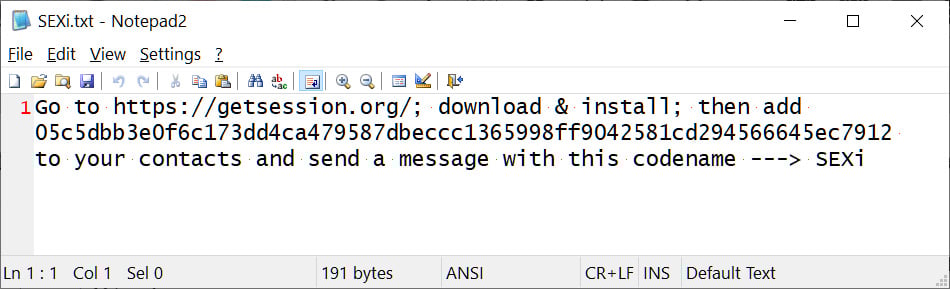 SEXi ransom note