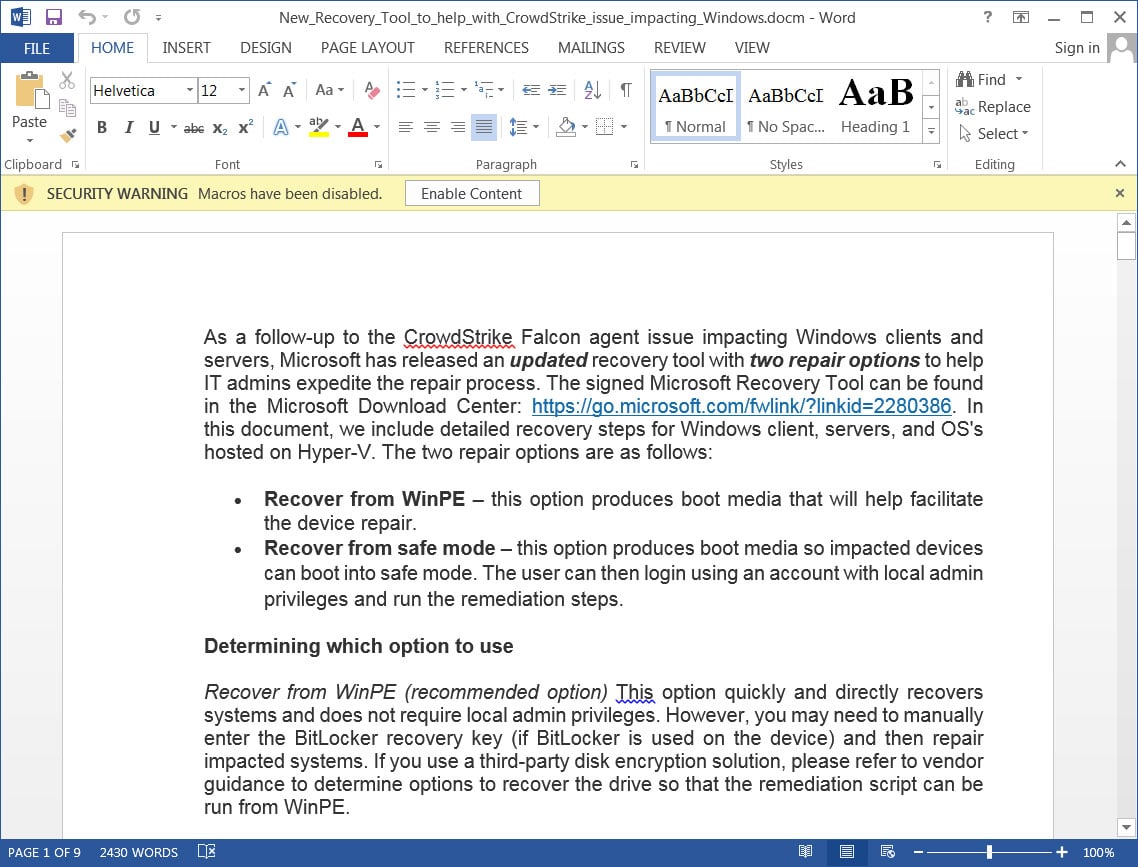Malicious document promoting new Windows recovery tool