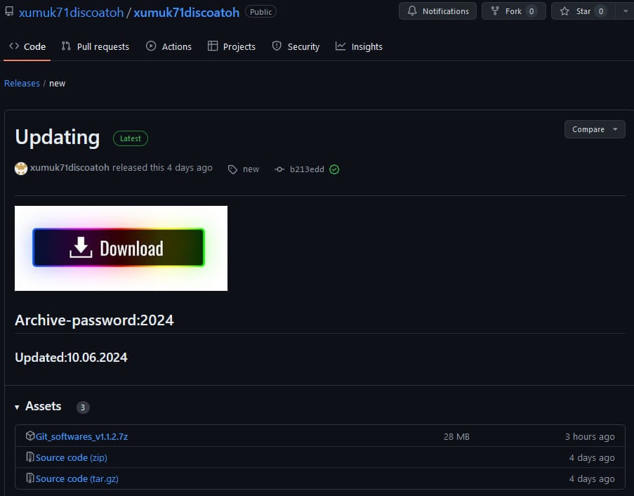 GitHub repository pushing password-protected archive containing malware