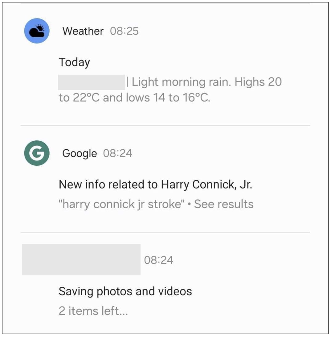 Harry Connick Jr "stroke" Google search mobile notification