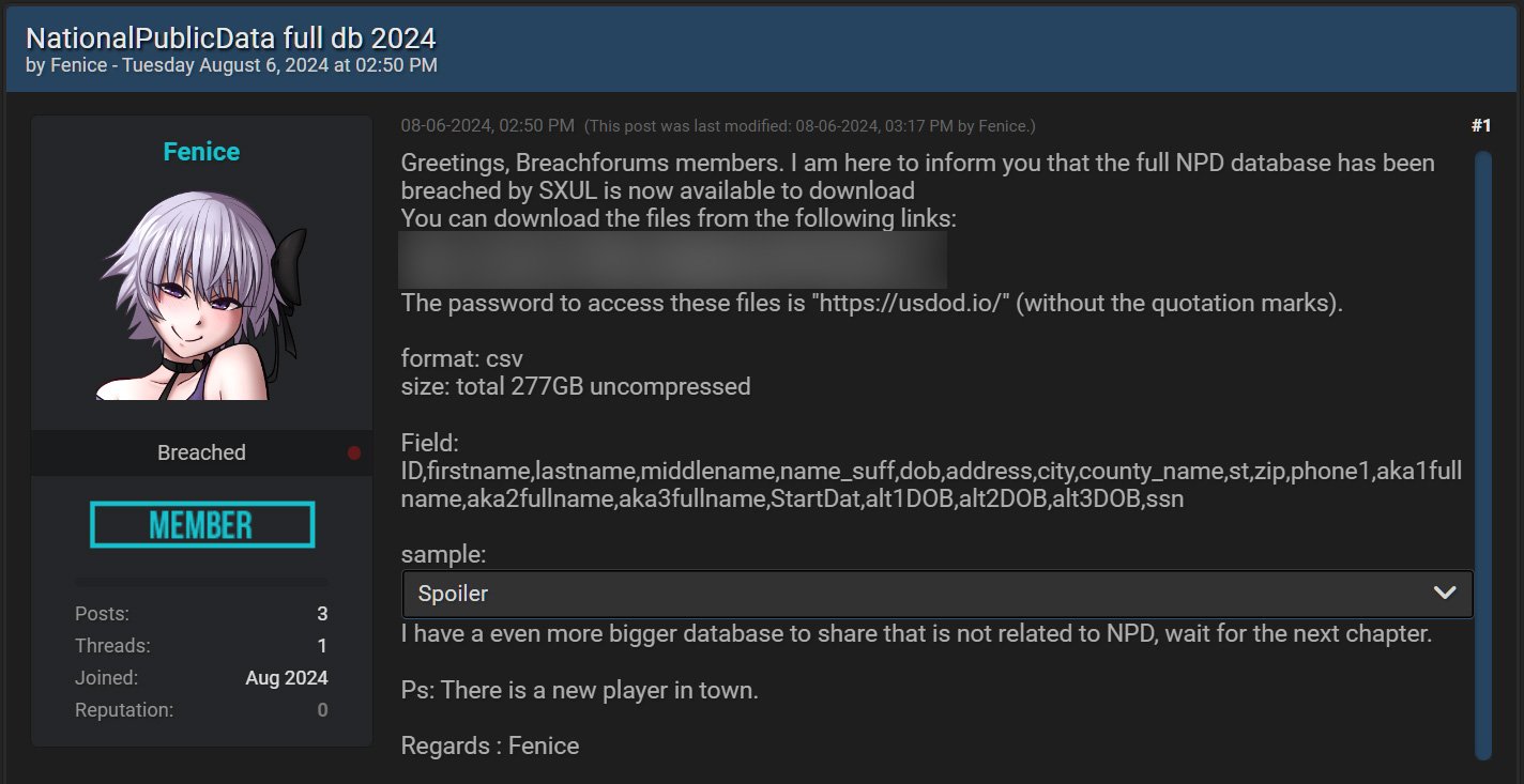 Threat actor leaks database stolen from National Public Data