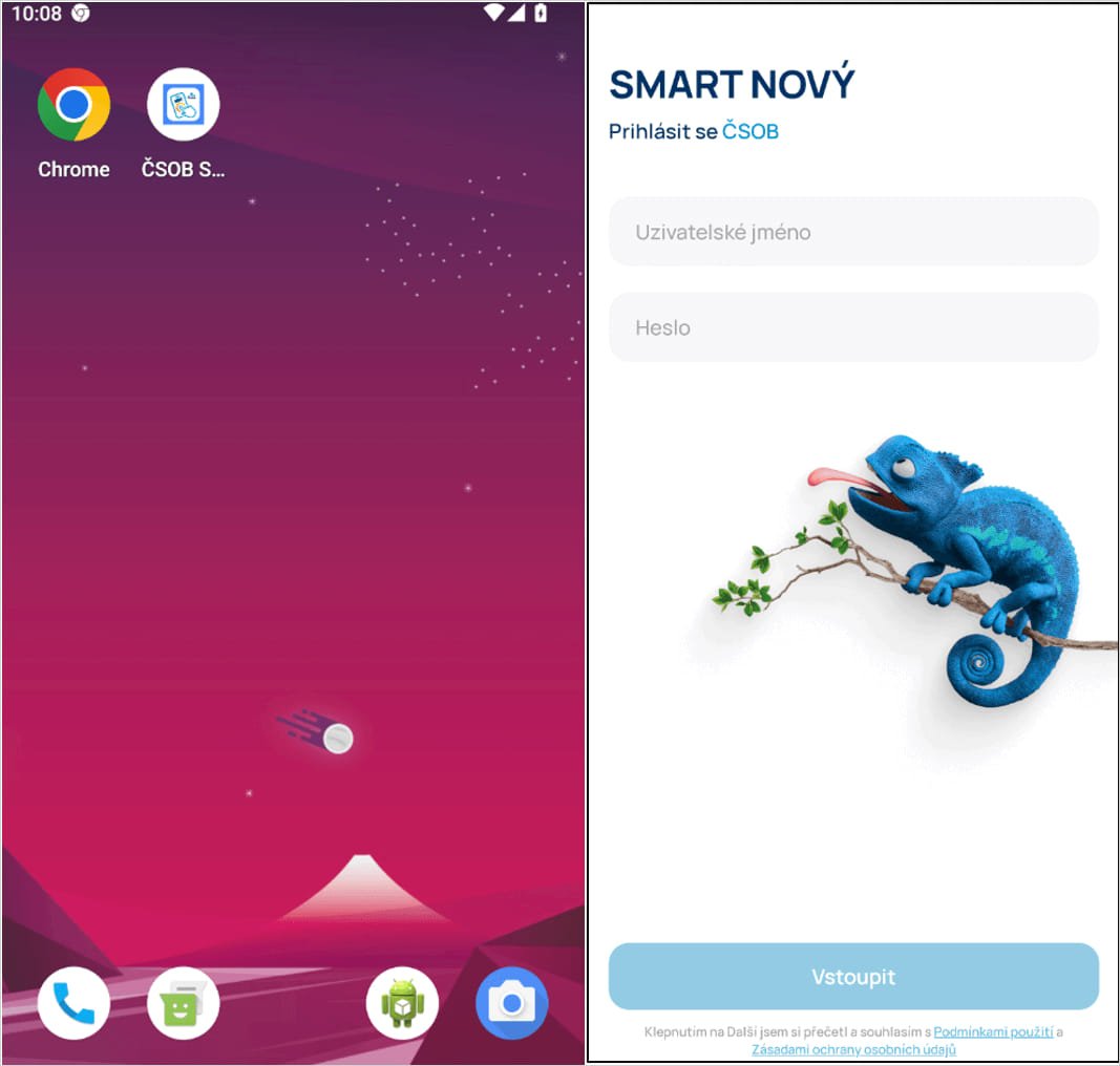 The malicious WebAPK on the victim's homescreen and the phishing login page