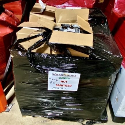 Compromised pallet on FBI's storage warehouse aisle