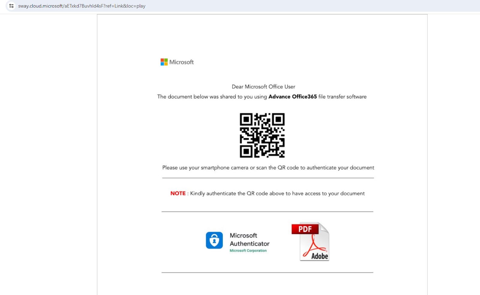 Sample Sway phishing page