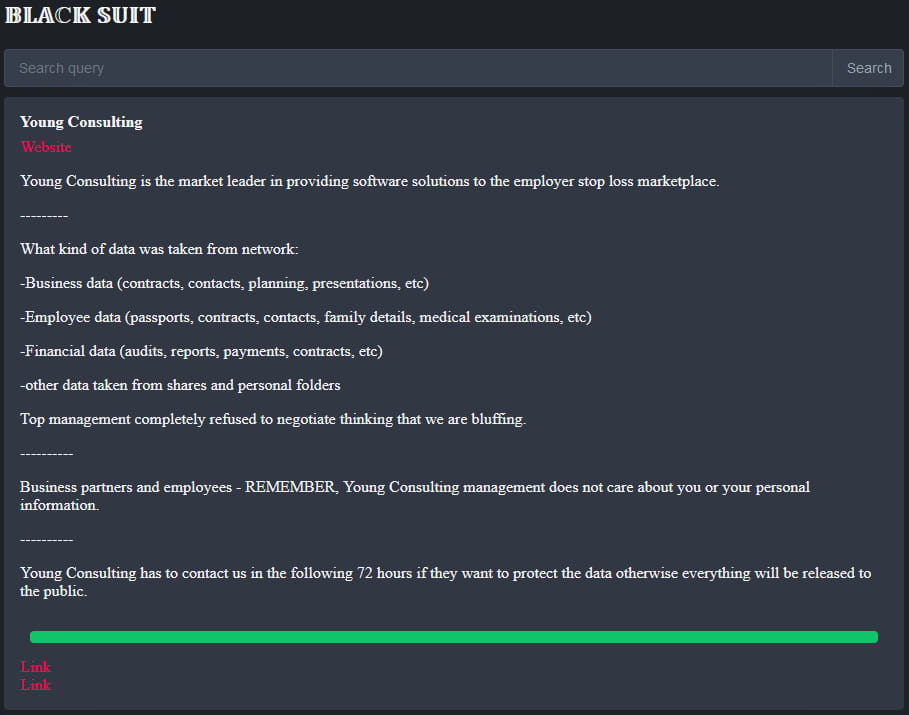 Young Consulting entry on BlackSuit's extortion portal