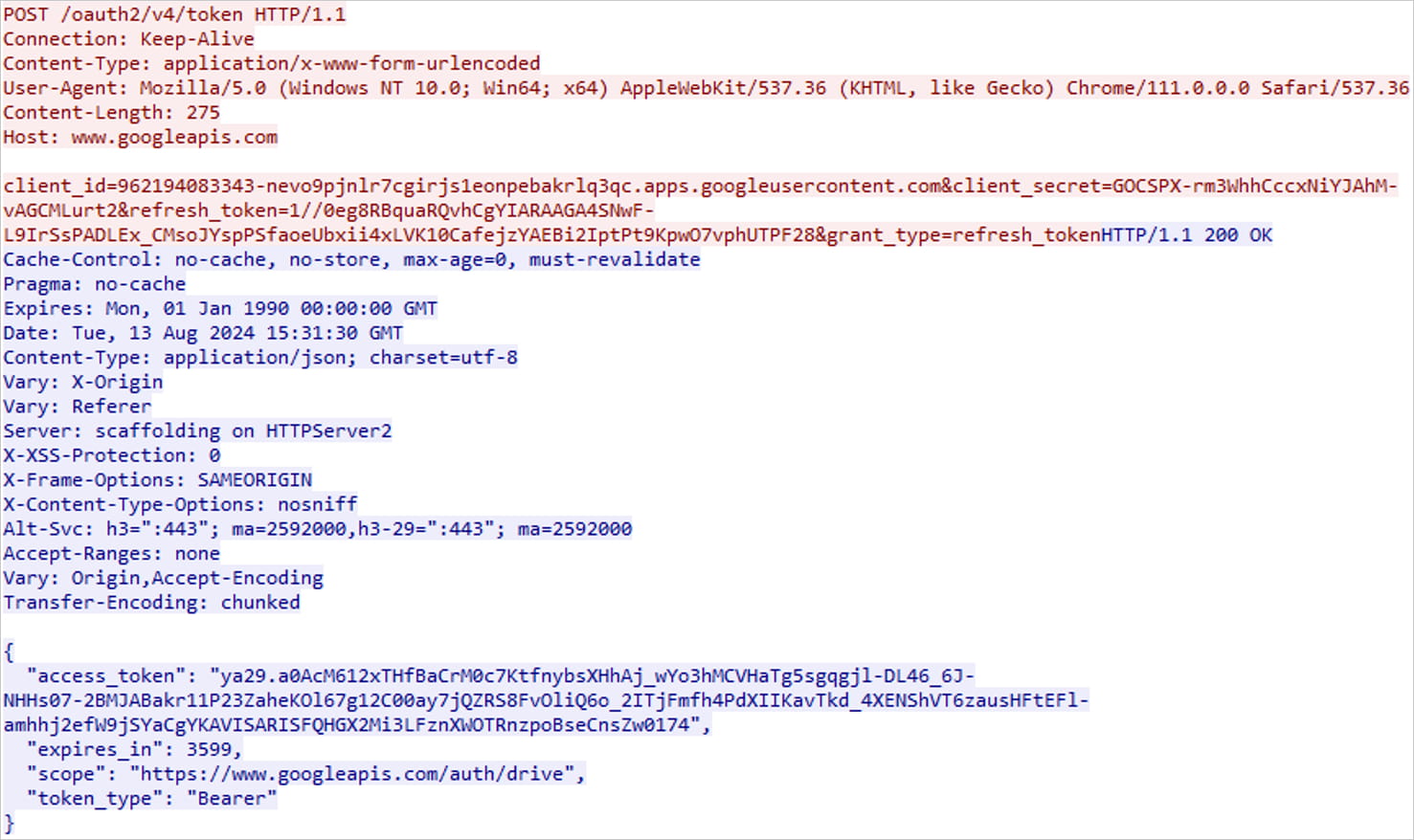 Request to receive Google token