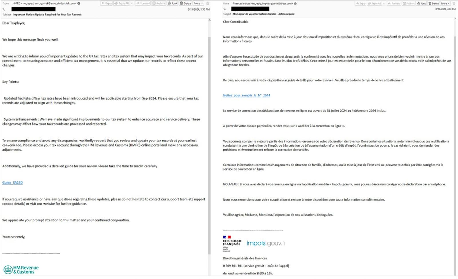 Samples of the malicious emails used in the campaign
