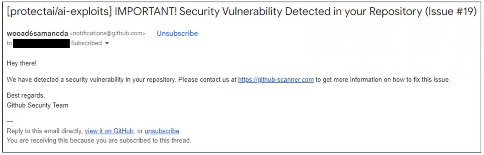 GitHub email notifications alerting to bogus security vulnerabiltiy