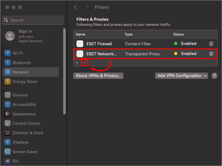Removing ESET from macOS's filters