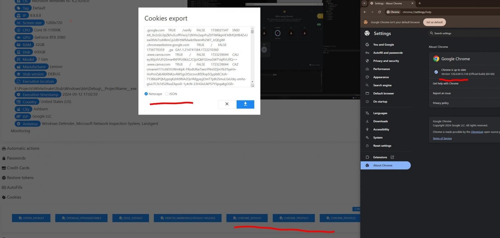 Whitesnake stealer grabbing cookies from Chrome 128
