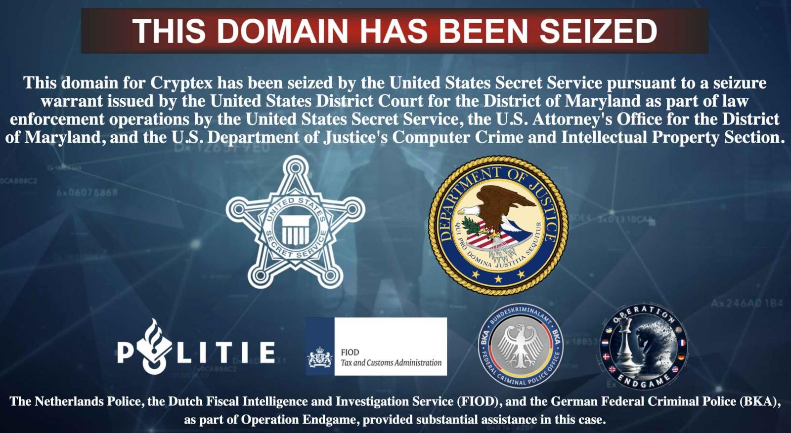 Cryptex domain seizure banner