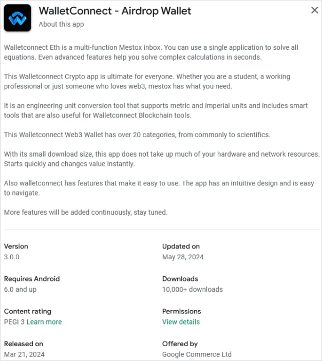 Fake WalletConnect app on Google Play