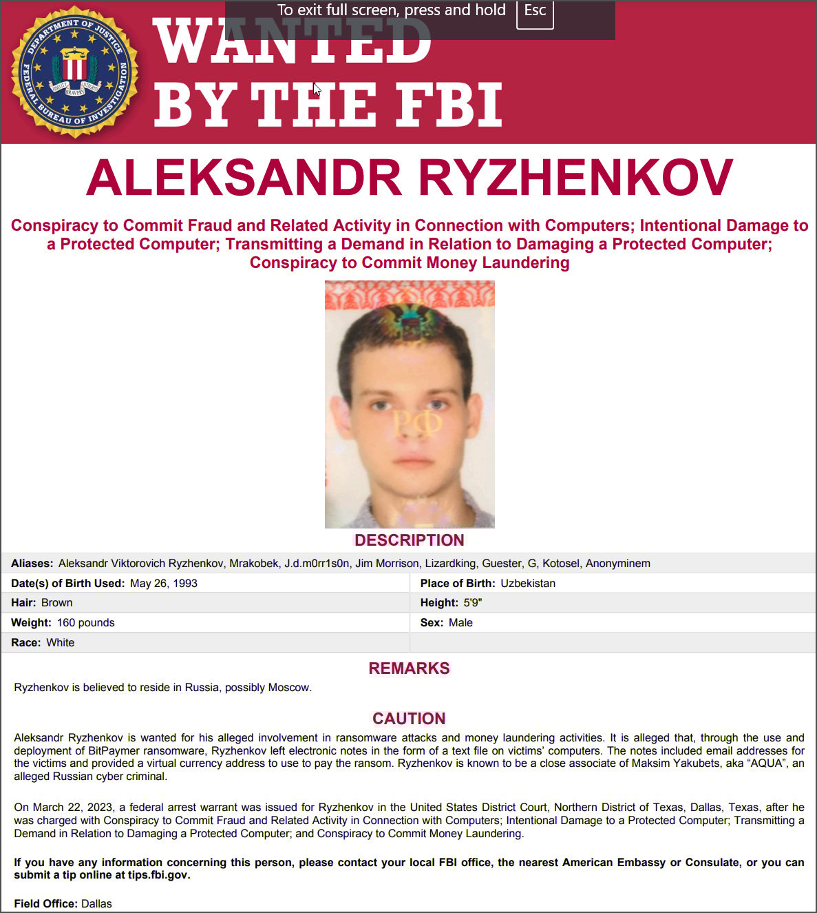 FBI wanted poster for Aleksandr Ryzhenkov
