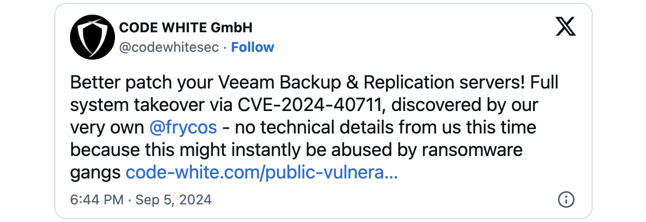 Code White Veeam VBR RCE
