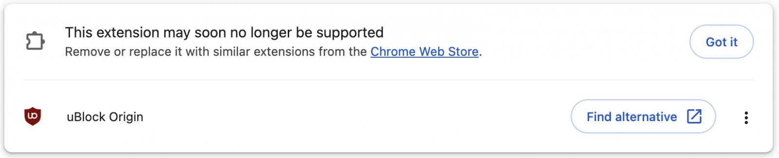 Warning on Manifest V2 extensions in Google Chrome