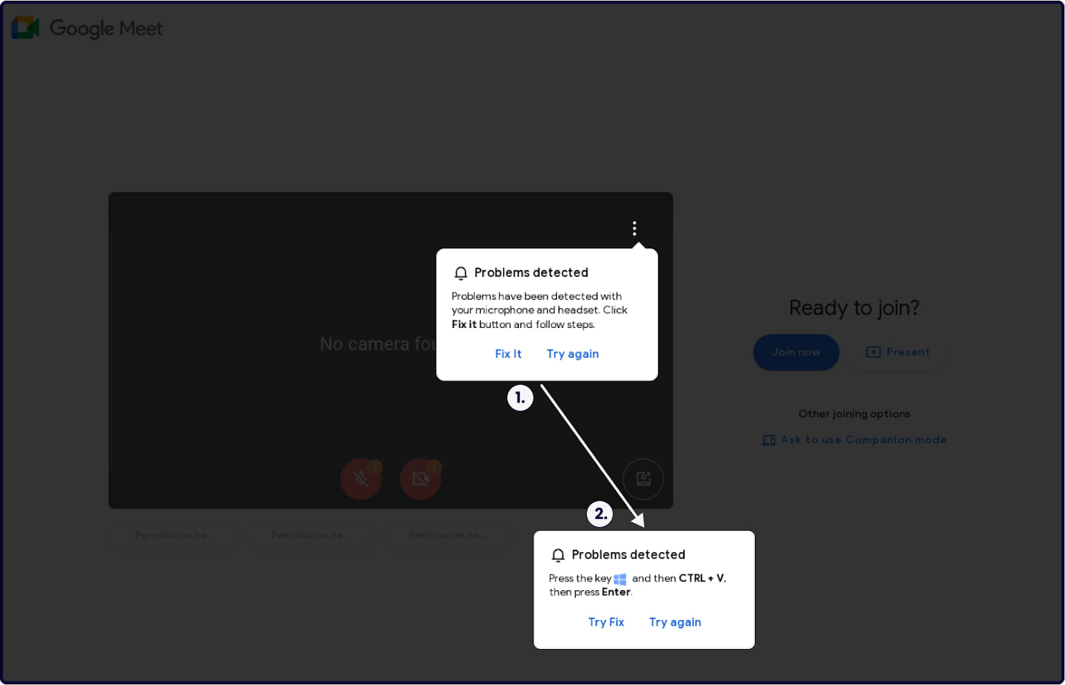 Fake error message on Google Meets