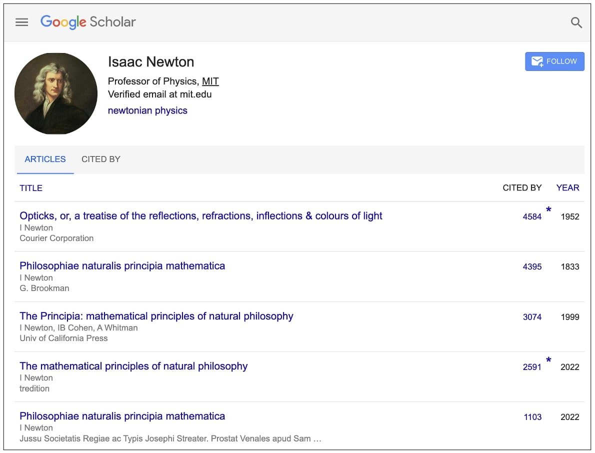 Isaac Newton has a verified email at MIT.edu on Google Scholar