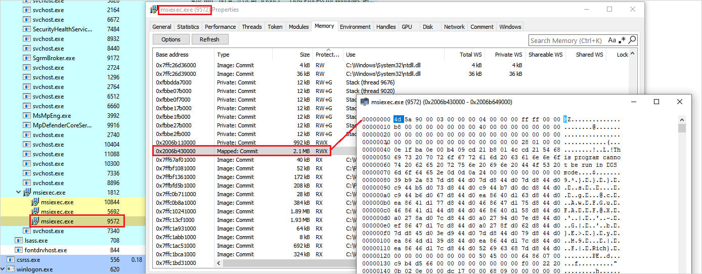final payload mapped in the memory of the msiexec process.