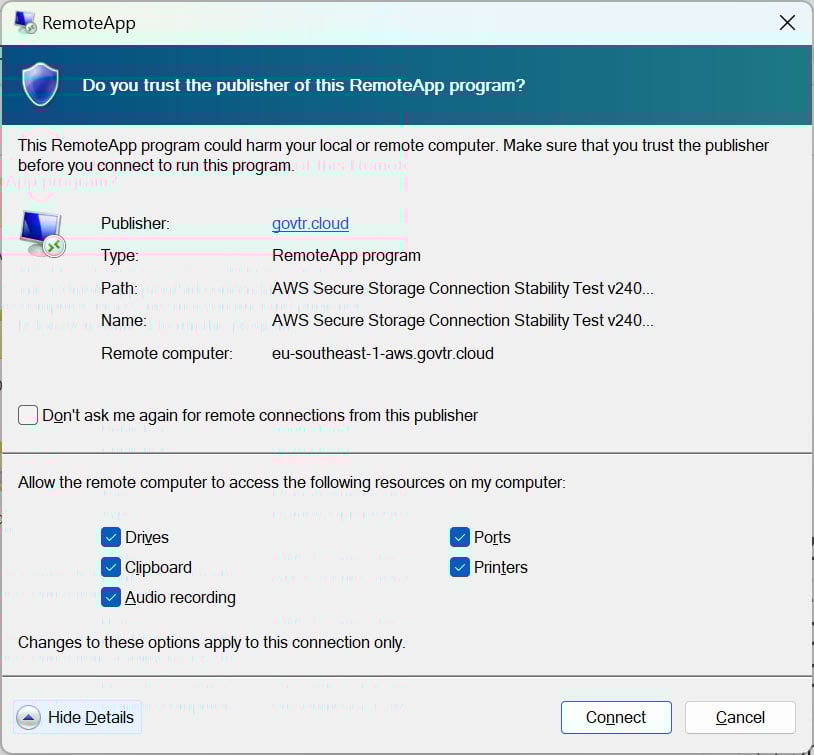 Malicious RDP configuration screen