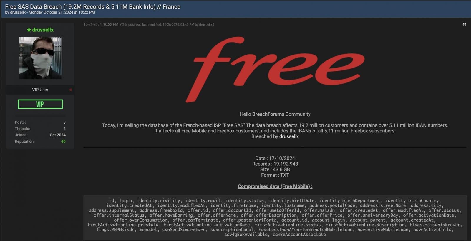 Allegedly stolen Free data up for sale