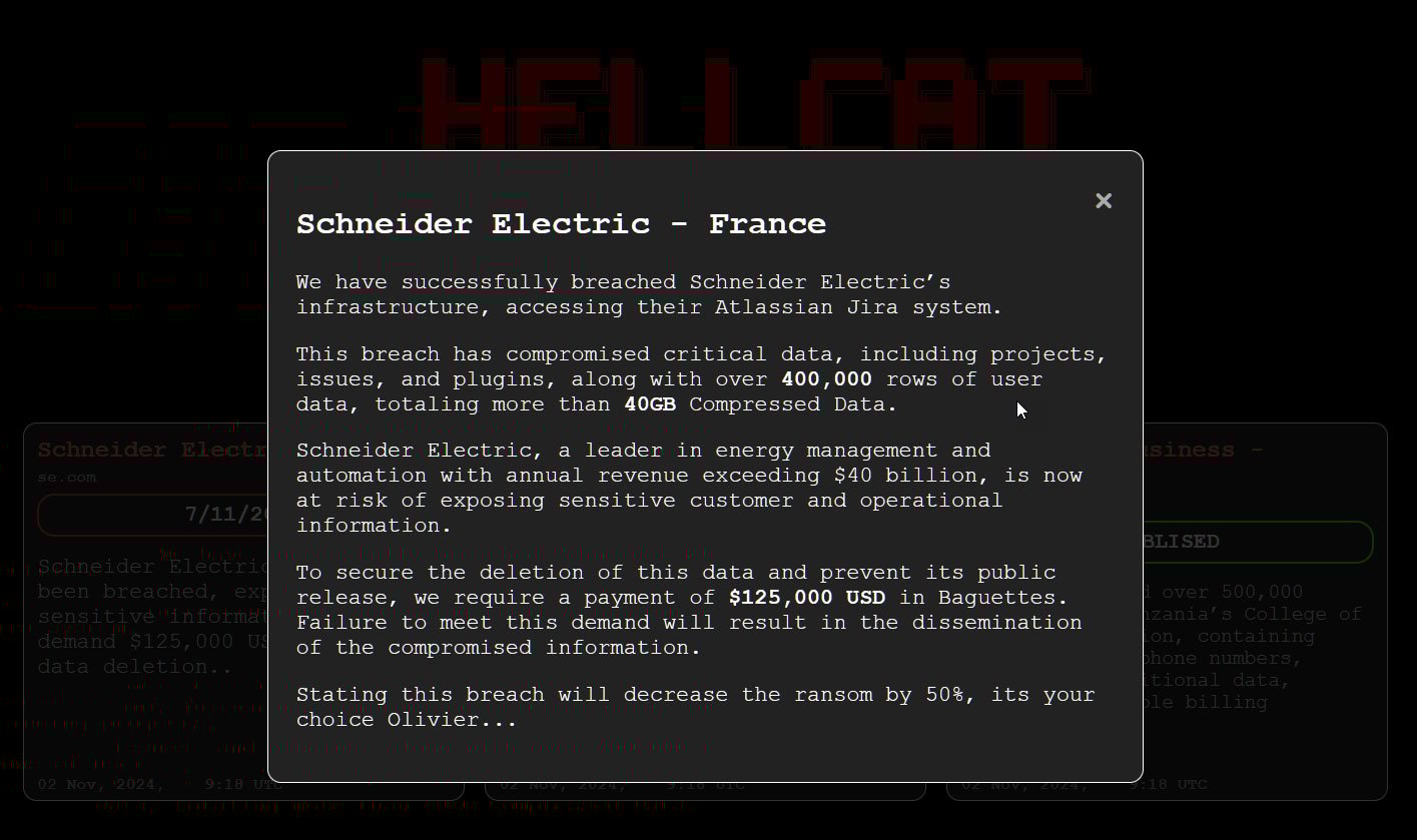 Post by threat actor about Schneider Electric