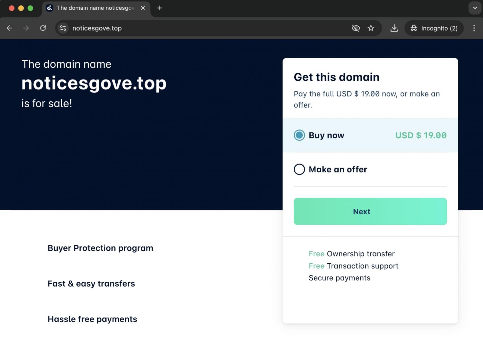 fake domain for sale screen