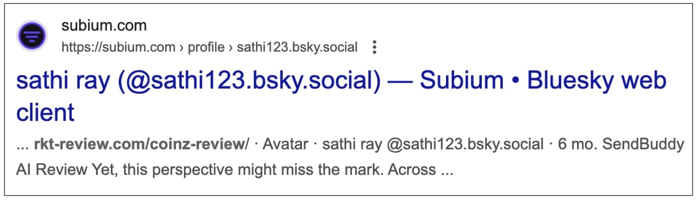Google search result for a BlueSky account hosted on third party server