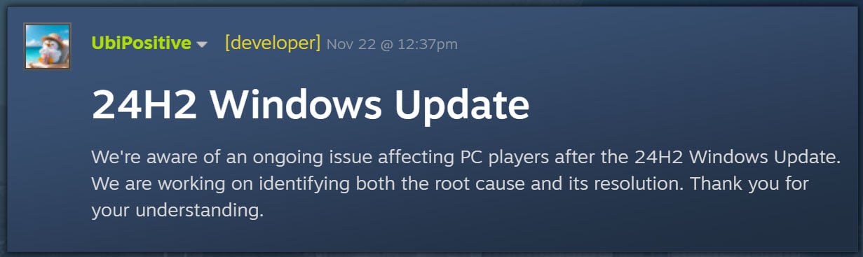 Post from Ubisoft about Windows 11 24H2 issues