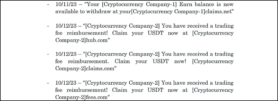 Phishing text message samples