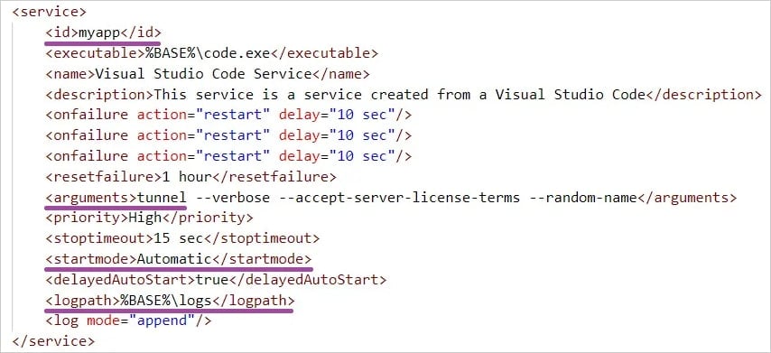 Service configuration for Visual Studio Code tunneling setup.