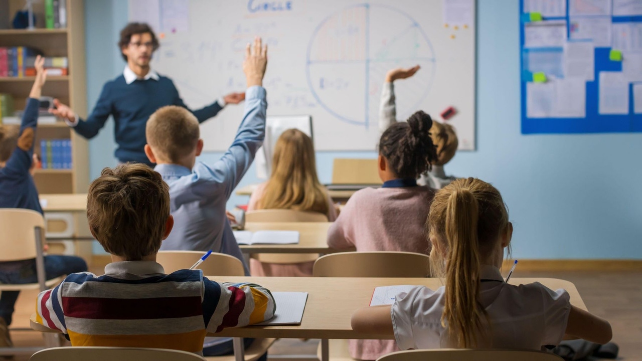 A classroom: A male teacher wearing a blue sweater stands in front of young children at their desks, some raising their hands