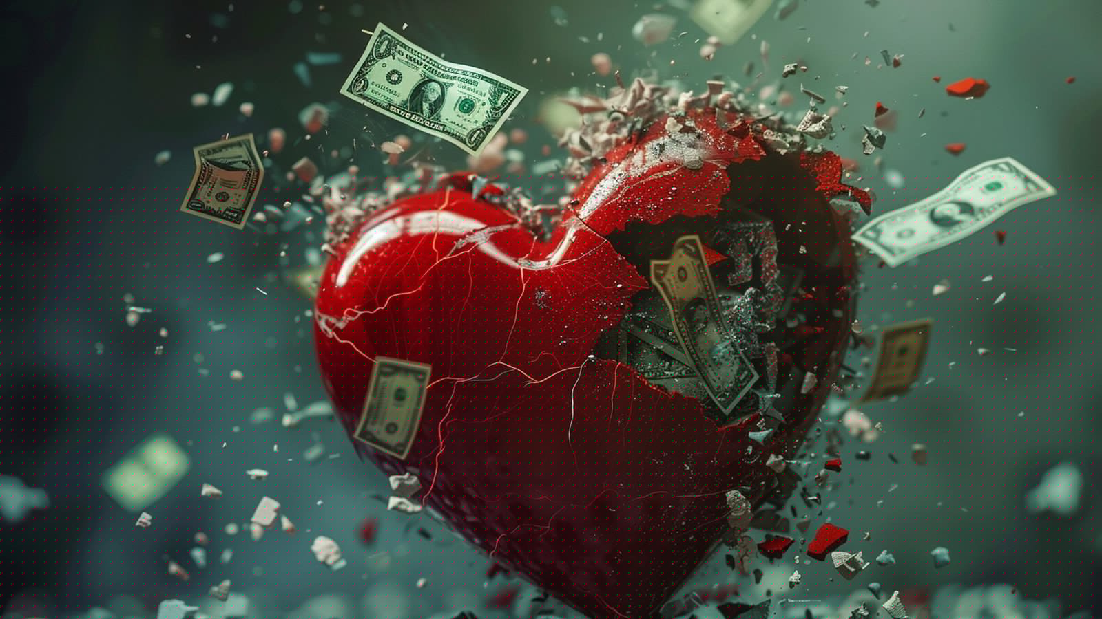 Broken heart with money falling out